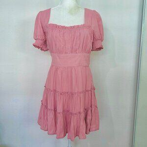 Pink Fit & Flare Dress with Square neckline, puff sleeves, smocked cuffs and tie